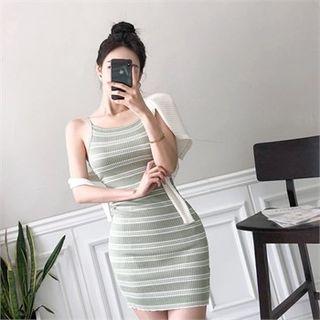 Spaghetti-strap Stripe Bodycon Dress Khaki - One Size