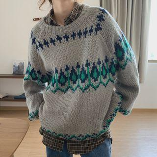 Jacquard Sweater Cross & Waterdrop - Gray - One Size