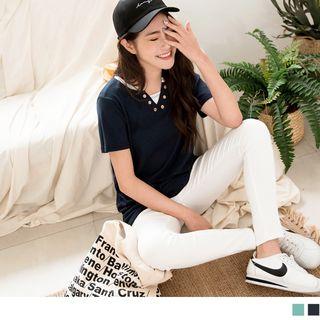 Striped Trim V-neck Mock Two Piece Top