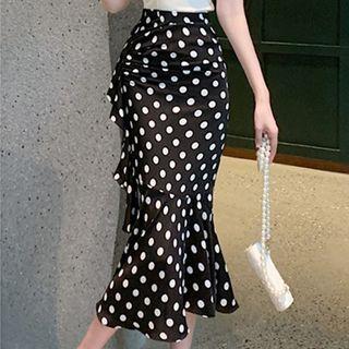 Ruffled Dotted Midi Pencil Skirt
