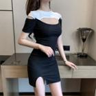 Short-sleeve Cut-out Two-tone Mini Sheath Dress