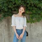 Off-shoulder Accordion-pleat Dotted Top