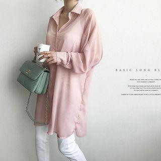 Raglan-sleeve Sheer Long Shirt With Sash