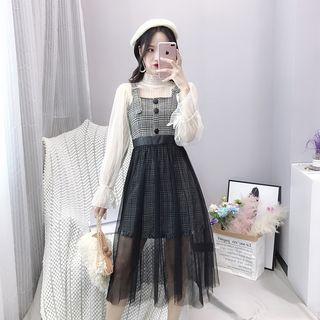 Inset Mesh Skirt Plaid Sleeveless Dress