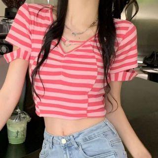 Short-sleeve Heart Ring Striped Knit Top Striped - Pink - One Size