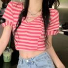 Short-sleeve Heart Ring Striped Knit Top Striped - Pink - One Size