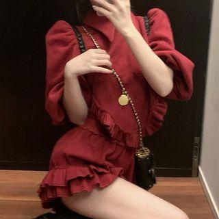 Set: Puff-sleeve Ruffled Blouse + Shorts