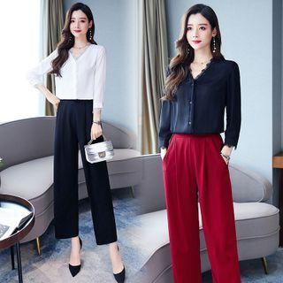 Set: Lace Trim V-neck Blouse + Dress Pants