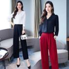 Set: Lace Trim V-neck Blouse + Dress Pants