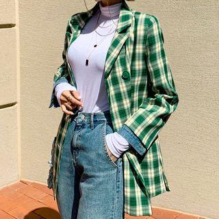 Inset Denim Shirt Plaid Jacket Green - One Size