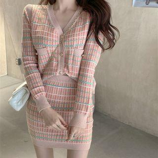 Set: Plaid Cardigan + Mini Fitted Skirt Set Of 2 - Cardigan & Skirt - Plaid - Almond & Orange - One Size