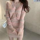 Set: Plaid Cardigan + Mini Fitted Skirt Set Of 2 - Cardigan & Skirt - Plaid - Almond & Orange - One Size