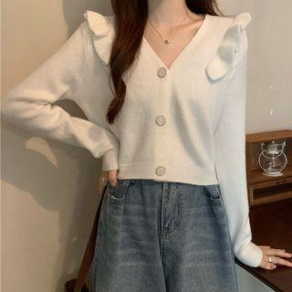 V-neck Ruffle Long-sleeve Knit Top