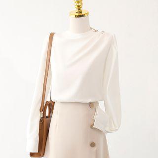 Round-neck Plain Pleated Button-up Blouse