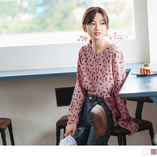 Puff Sleeve Cat Print Chiffon Top