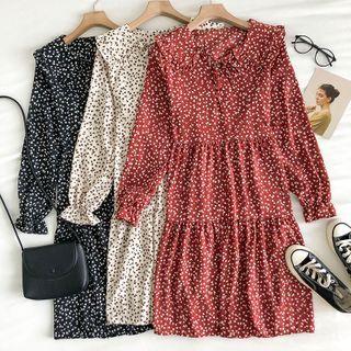 Floral Peter-pan Collar Lace-up Long-sleeve Dress