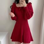 Lantern-sleeve Mini Knit A-line Dress