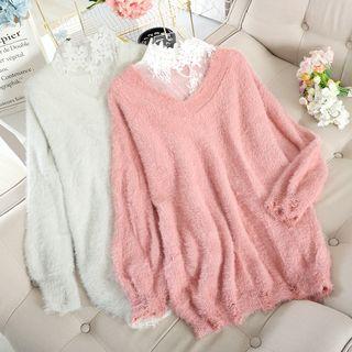 Set: Mock-turtleneck Long-sleeve Lace Top + V-neck Sweater