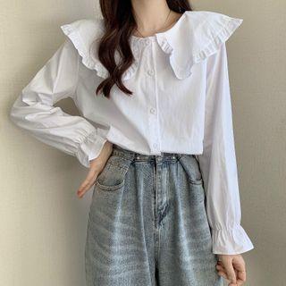 Long Sleeve Ruffled Collar Blouse As Shown In Figure - One Size