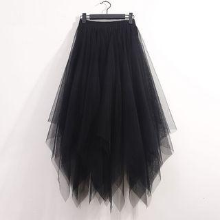 Asymmetrical Mesh Midi A-line Skirt Black - 60-102cm