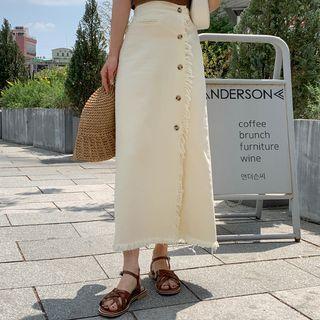 Buttoned Frayed Long Wrap Skirt