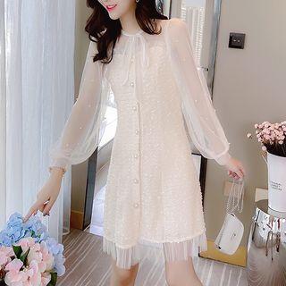 Mock Two-piece Faux Pearl Long-sleeve Dress