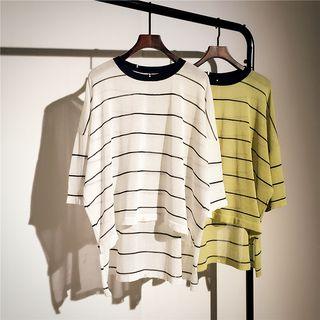Striped Elbow-sleeve Dip Back Knit Top
