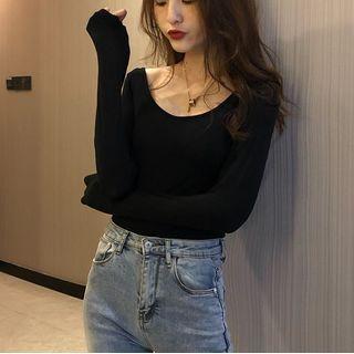 Open-back Long-sleeve Round Neck Top