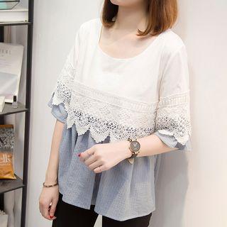 Crochet Trim Striped Panel Elbow Sleeve Blouse