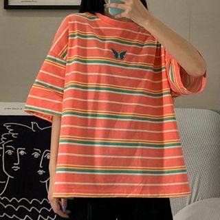 Elbow-sleeve Striped Butterfly Embroidered T-shirt