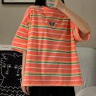 Elbow-sleeve Striped Butterfly Embroidered T-shirt