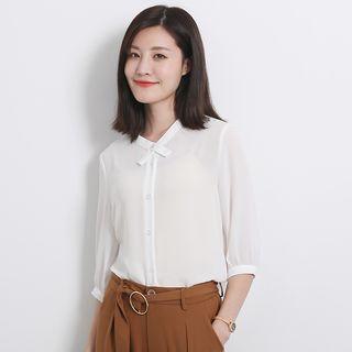 3/4-sleeve Loose-fit Chiffon V-neck Panel Blouse