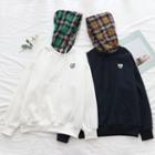 Plaid Panel Heart Embroidered Hoodie