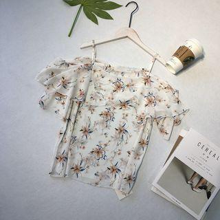 Printed Off-shoulder Elbow-sleeve Chiffon Top