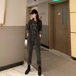 Denim Long-sleeve Jumpsuit Dark Gray - One Size