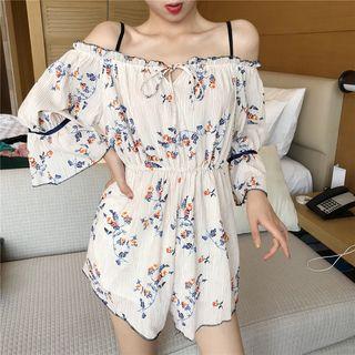 Floral Print 3/4 Sleeve Chiffon Playsuit