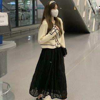 Contrast Stitching Cardigan / Mesh Skirt