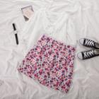Floral Print Mini Fitted Skirt / Short-sleeve Lace Blouse