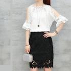 Set: Short-sleeve Shoulder Cut Out Top + Lace Fitted Skirt