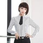 Stand Collar Mock Tie Striped Blouse