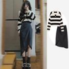 Striped Collared Knit Top / Fitted Skirt / Set