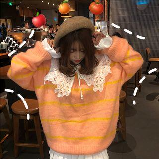 Lace Collar Loose Blouse / Striped Oversized Sweater