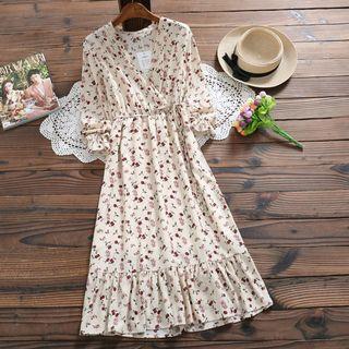 V-neck Floral Long-sleeve A-line Dress