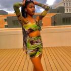 Set: Long Sleeve Printed Crop Top + Mini Skirt