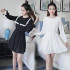 Lace Panel Dotted Long-sleeve Dress