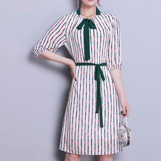 Bow Pinstripe Elbow-sleeve Dress