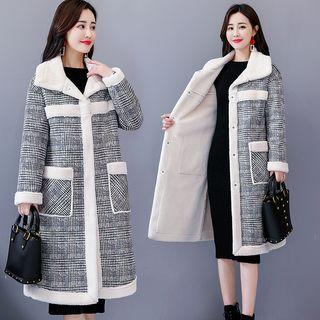 Suede Plaid Snap-button Long Coat