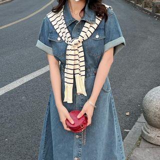 Short Sleeve Front Pocket Denim Mini Shirt Dress / Midi Shirt Dress