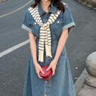 Short Sleeve Front Pocket Denim Mini Shirt Dress / Midi Shirt Dress
