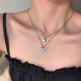 Heart Rhinestone Pendant Layered Stainless Steel Necklace